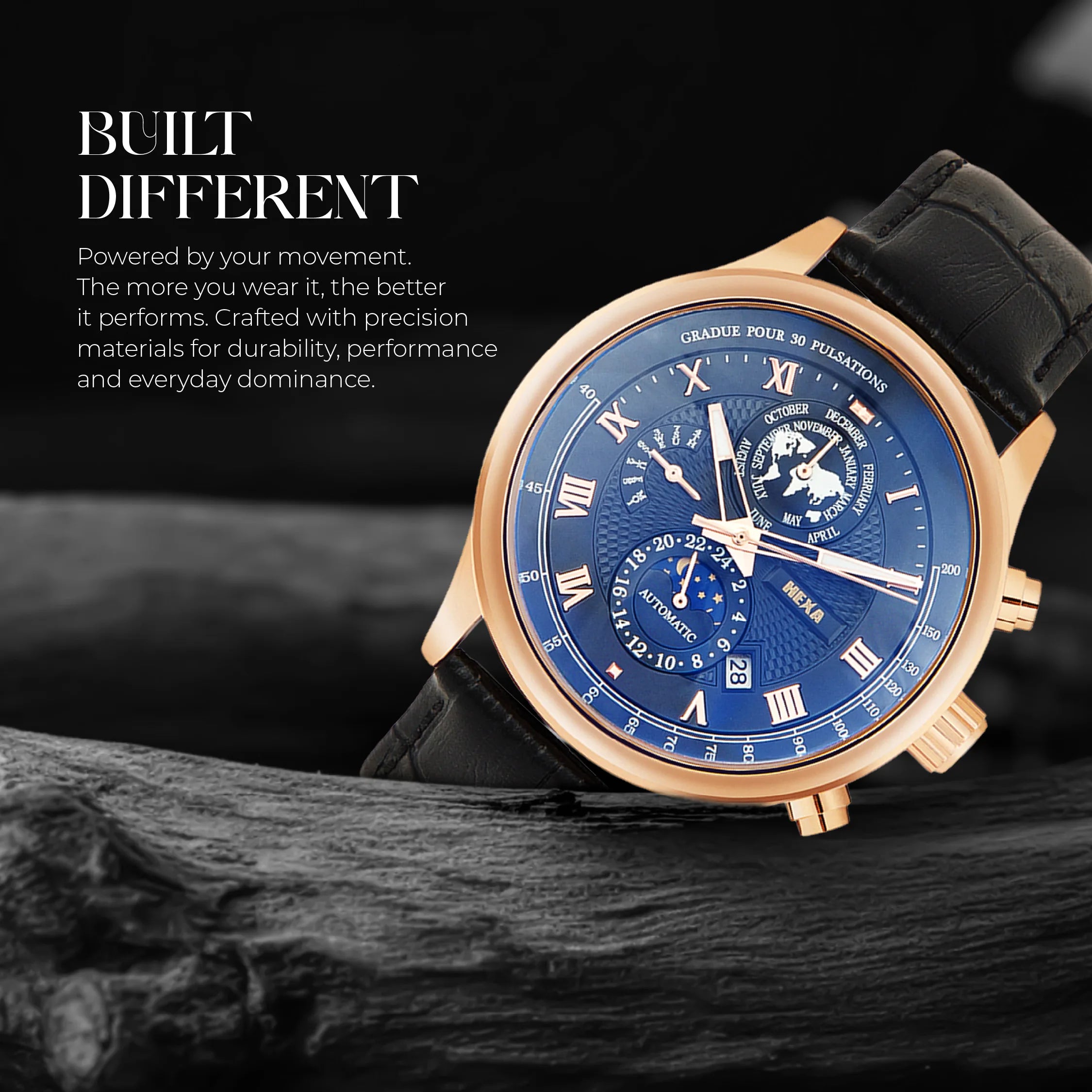 Hexa Hustler Automatic Mechanical Watch for Men | Moon Phase | World Map Dial | Pulsometer Bezel | Rose Gold Case | Black Dial | Black Leather Strap | 45mm | 3ATM