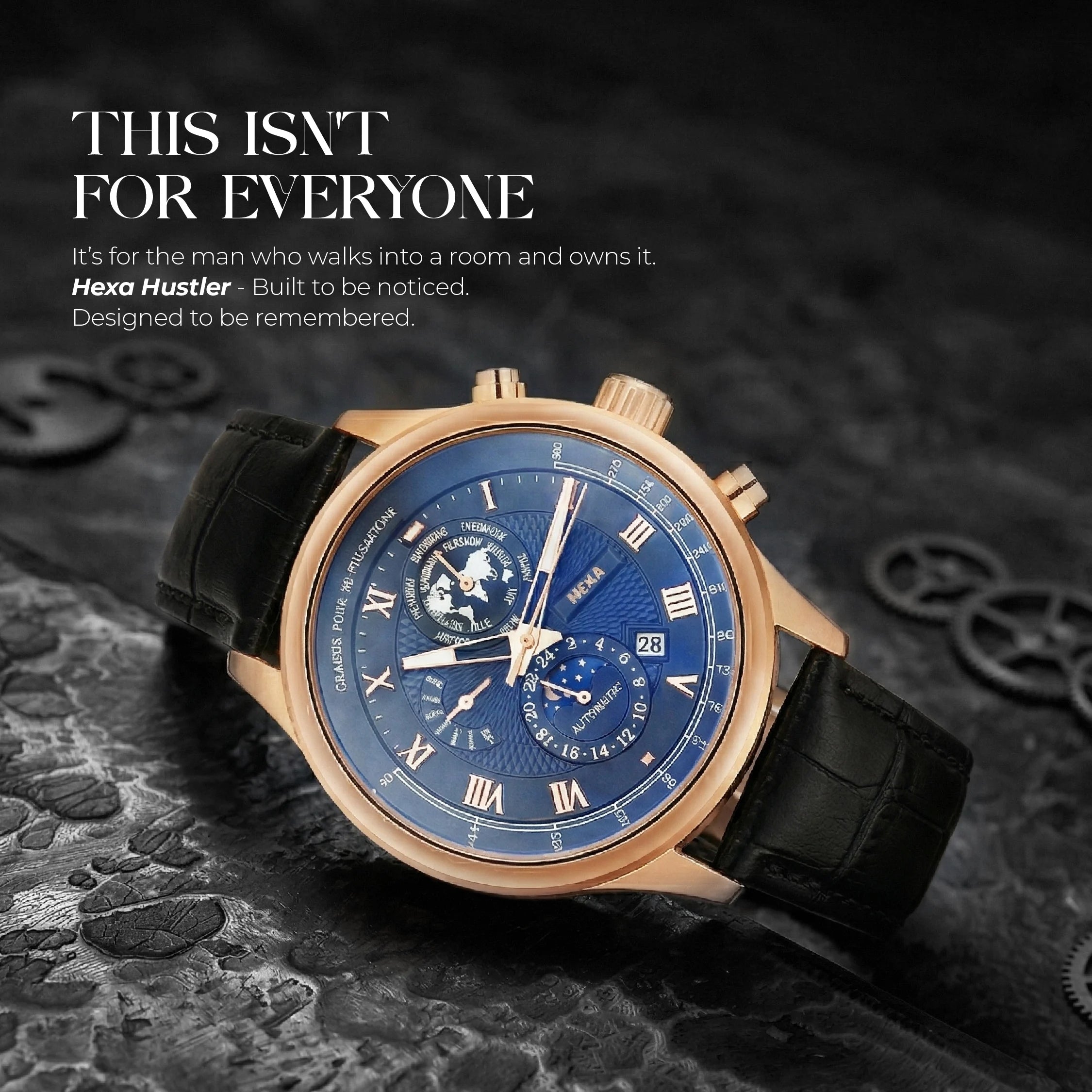 Hexa Hustler Automatic Mechanical Watch for Men | Moon Phase | World Map Dial | Pulsometer Bezel | Rose Gold Case | Black Dial | Black Leather Strap | 45mm | 3ATM