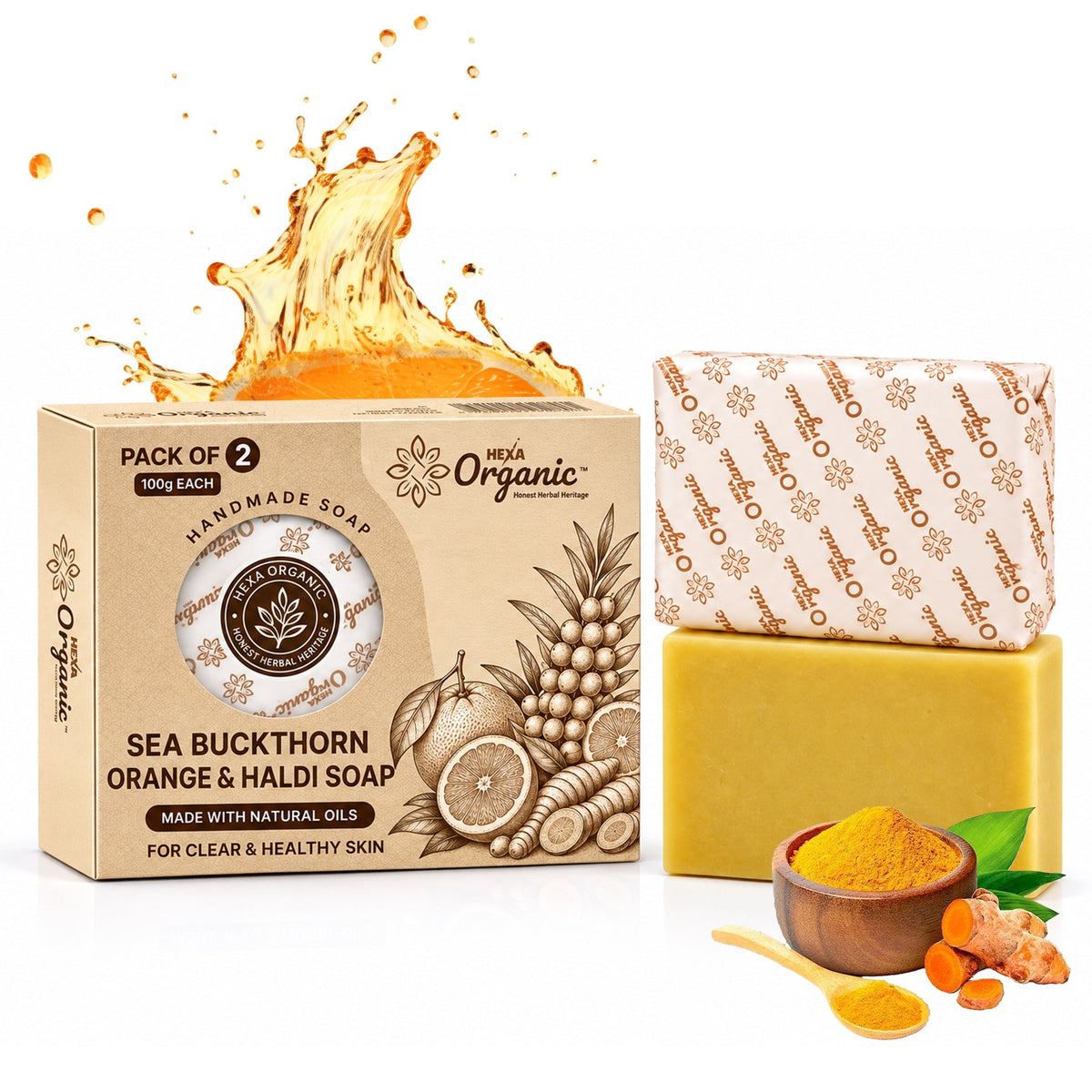 HEXA Organic Sea Buckthorn Orange & Haldi Soap 100g | Pack of 2 | Herbal Soap for Dull-Looking Skin, Tan-Care & Excess Oil Cleansing