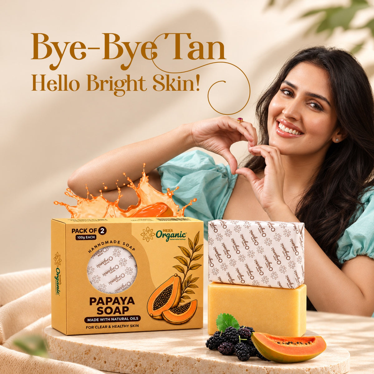 HEXA Organic Papaya & Mulberry Soap 100g | Pack of 2 | Herbal Soap for Smoother-Looking Skin, Antioxidant Care & Dullness