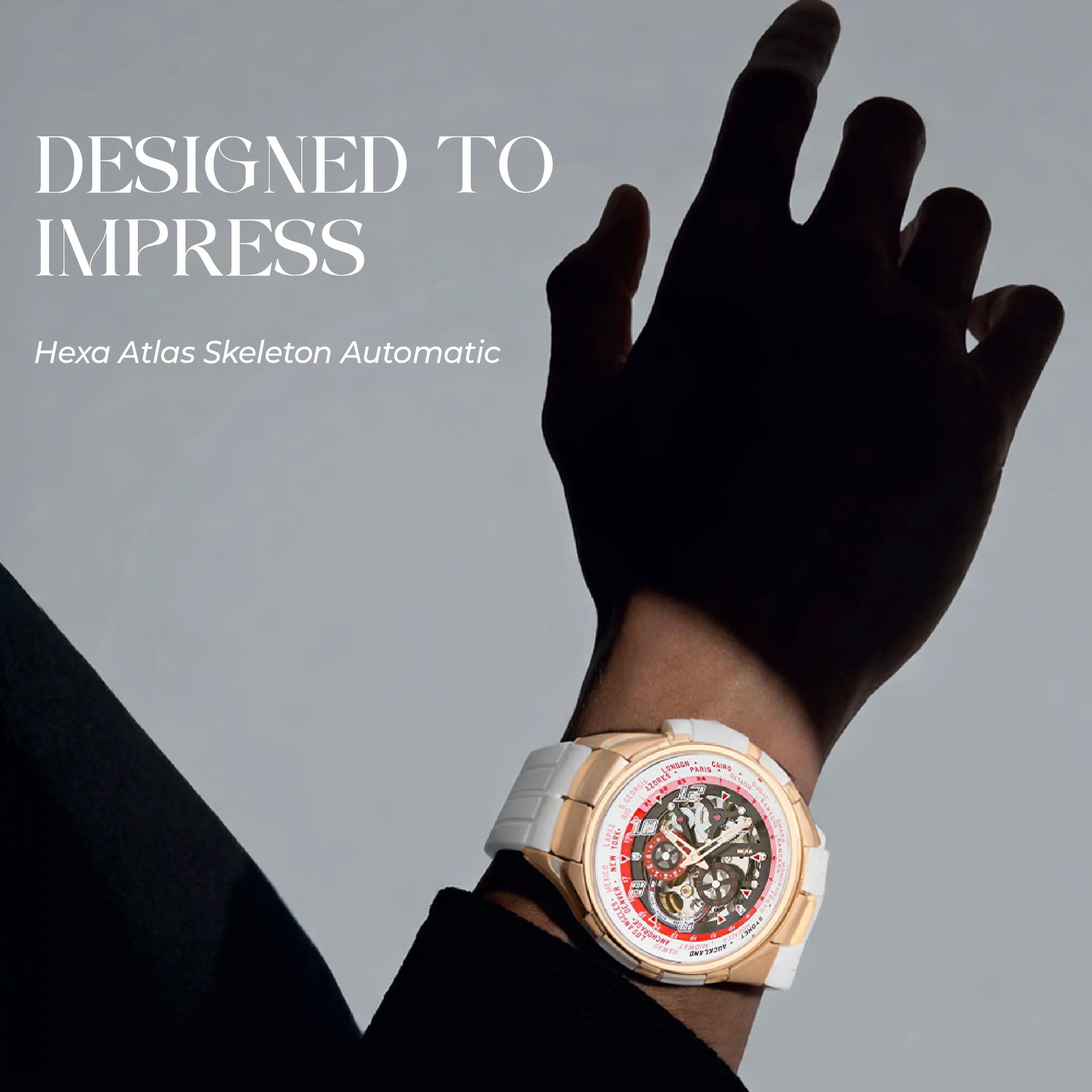 Hexa Atlas Skeleton Automatic Watch for Men | Miyota Japan Movement | Transparent Skeleton Dial | Sapphire Crystal Glass | Stainless Steel Case | Red Accent | Silicone Strap | 42.5mm | 5ATM