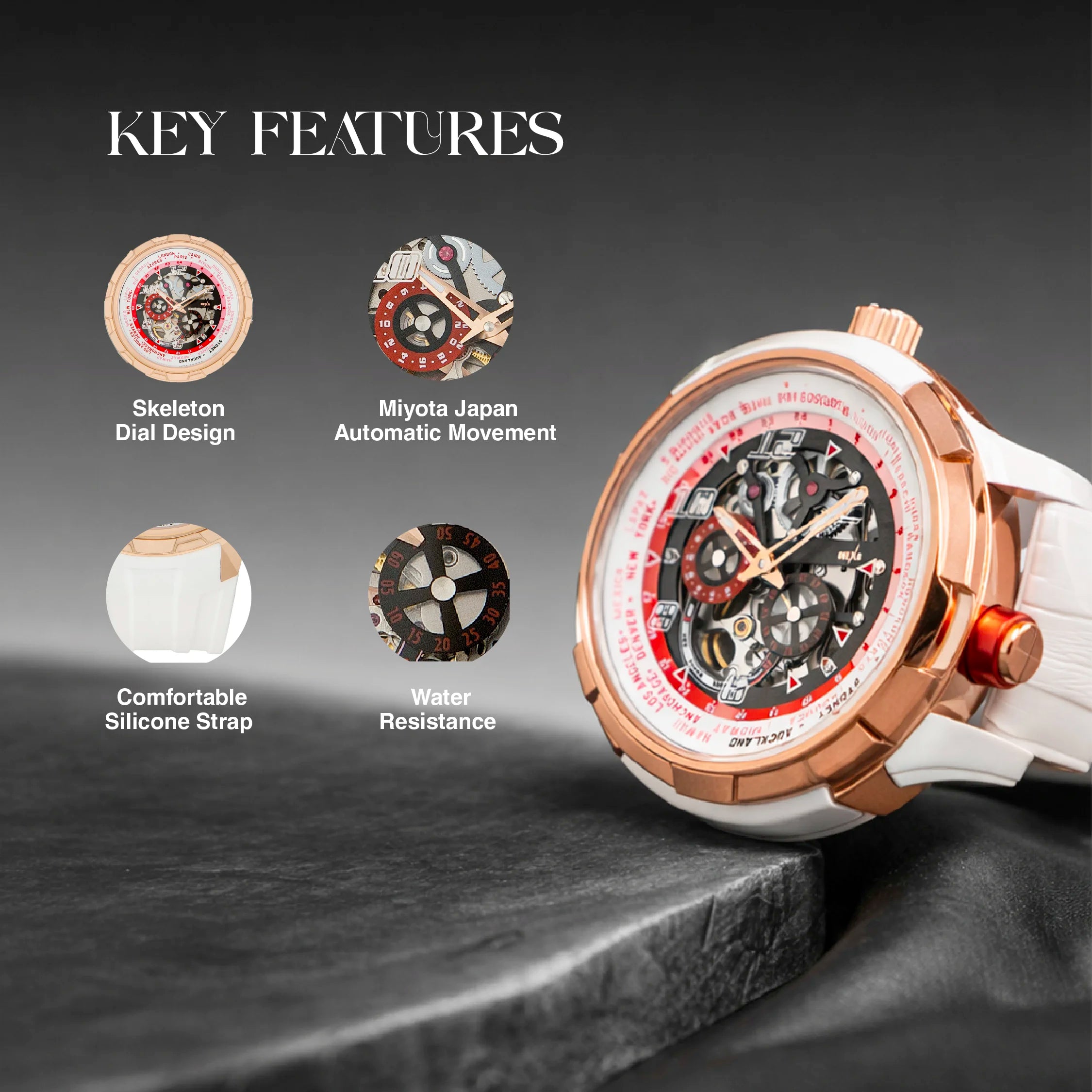 Hexa Atlas Skeleton Automatic Watch for Men | Miyota Japan Movement | Transparent Skeleton Dial | Sapphire Crystal Glass | Stainless Steel Case | Red Accent | Silicone Strap | 42.5mm | 5ATM