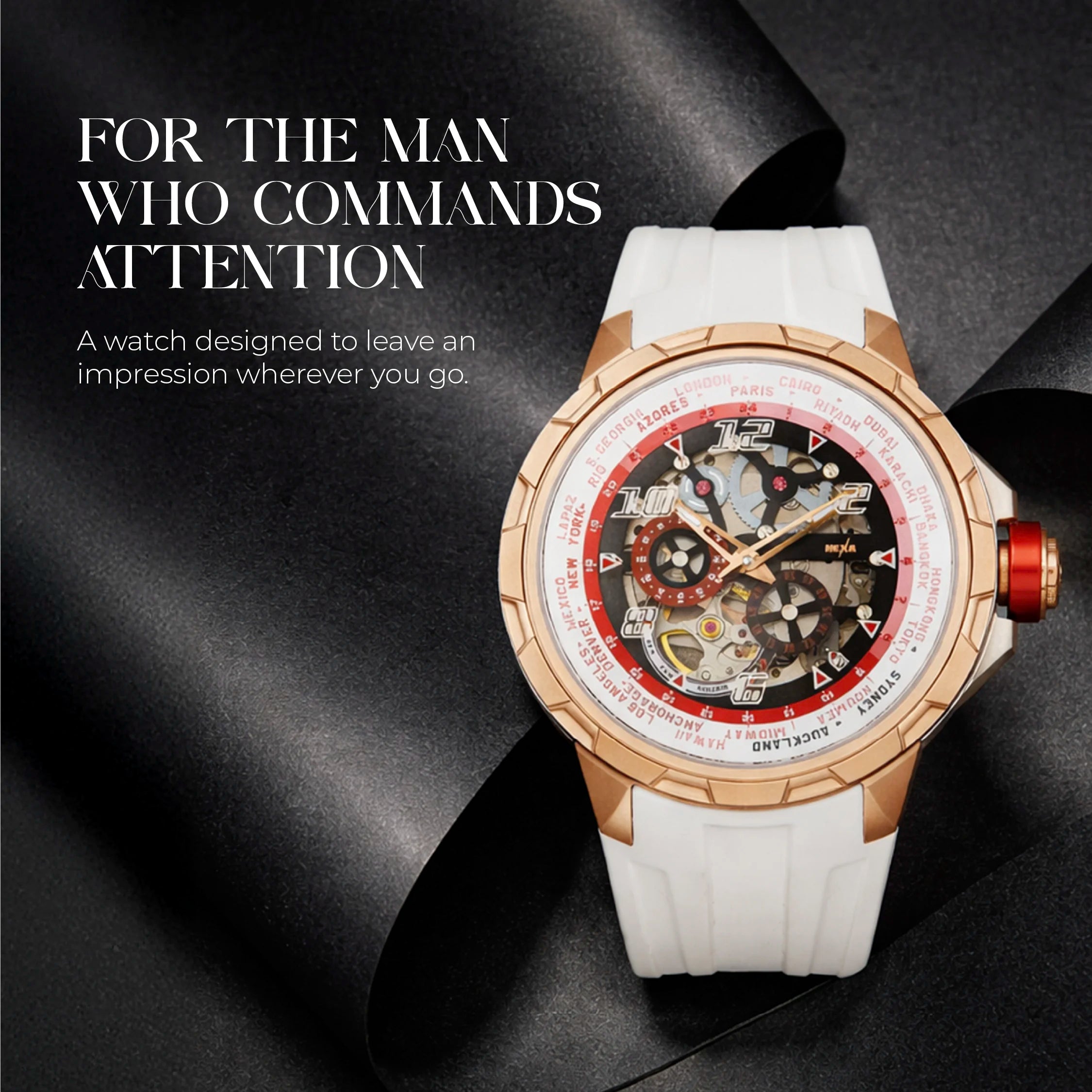 Hexa Atlas Skeleton Automatic Watch for Men | Miyota Japan Movement | Transparent Skeleton Dial | Sapphire Crystal Glass | Stainless Steel Case | Red Accent | Silicone Strap | 42.5mm | 5ATM
