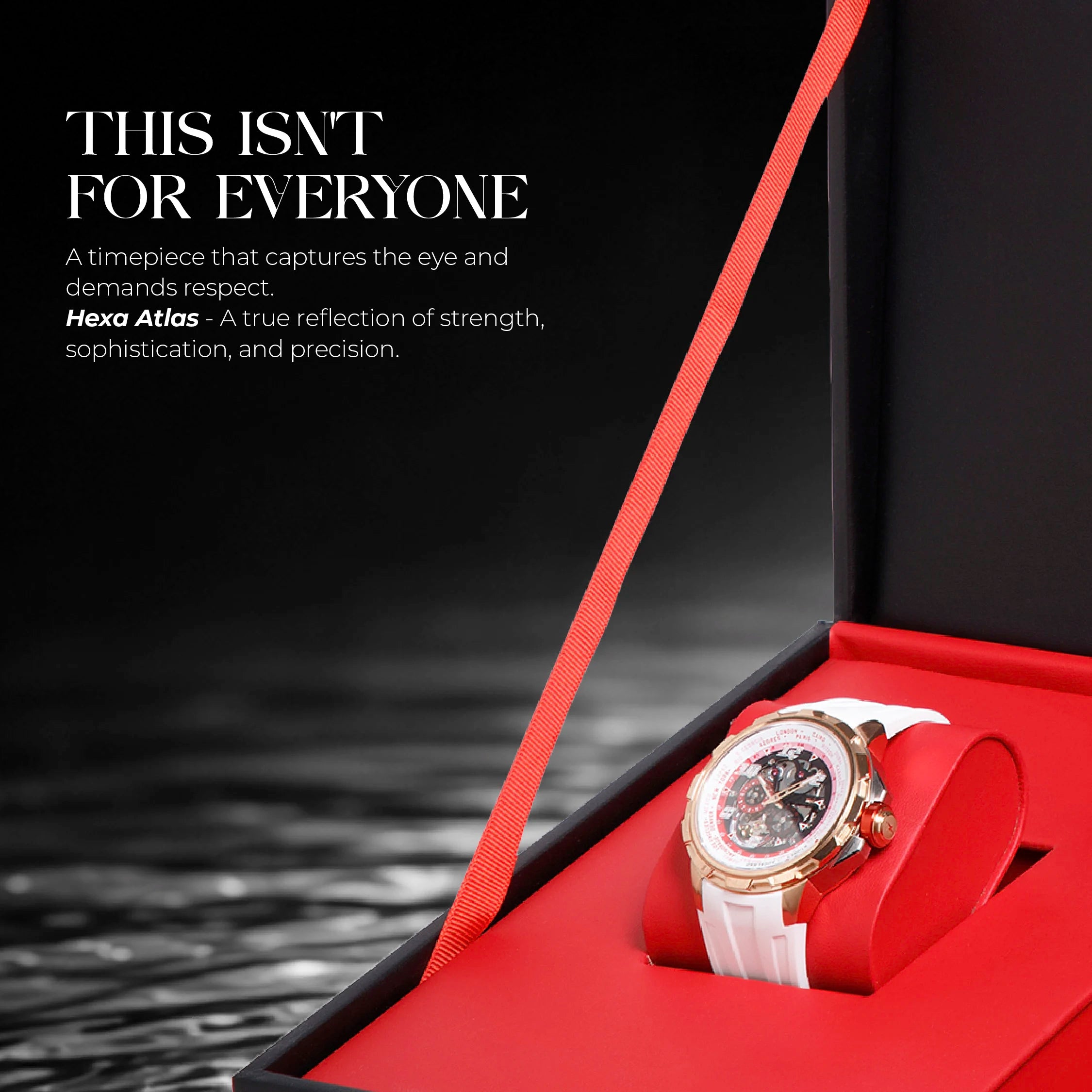 Hexa Atlas Skeleton Automatic Watch for Men | Miyota Japan Movement | Transparent Skeleton Dial | Sapphire Crystal Glass | Stainless Steel Case | Red Accent | Silicone Strap | 42.5mm | 5ATM